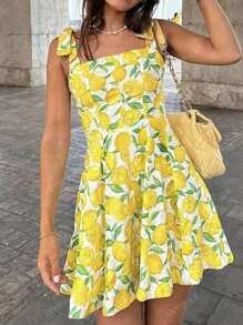 Vestidos de moda elegantes y casuales de estilo resort para mujer en primavera y verano con diseño de estampado de limón, sin tirantes, con nudo, sin mangas, escote halter y línea A, en mini longitud