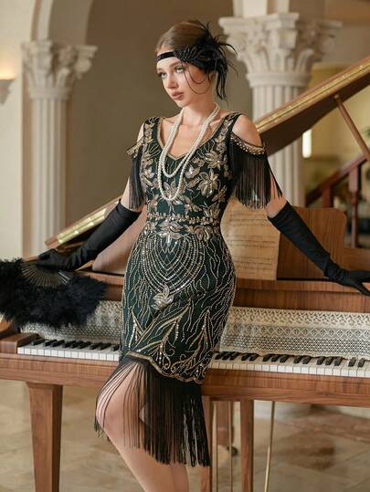 LVNES Women Glitter Beaded Sequined Stitching Tassel Retro Party Dress