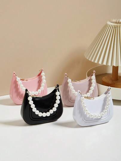 Mini Underarm Bag For Toddler Girls, Pearl Decor Zipper Closure Handbag, Lovely Gift Bag For Girls