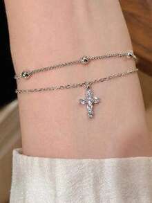 1 件双层十字架微镶嵌手链，奢华设计，铜材质，适合女性日常佩戴，银色 - 銀色 - 查看 13