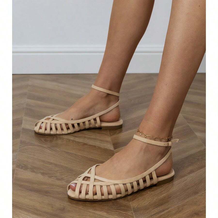 Beige Women's Flat Sandals, Solid Color Hollow-Out, Summer - Beige - View 1