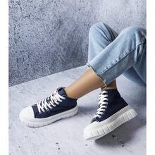 Sapatos de lona de cano alto, versáteis e casuais, com contraste de cores, sola grossa - Azul marinho - Ver 2