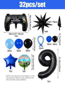 32件/33件遊戲派對用品，遊戲生日套裝，包含遊戲控制器裝飾、0-15數字氣球、爆炸星，適用於生日派對、遊戲主題派對、拍照道具，L升級版！生日派對裝飾 - 彩色 - 查看 21
