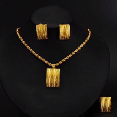 3pcs Golden Color Jewelry Set, Geometric Square Pendant Necklace Ring Earrings, Classic Elegant Bridal Wedding Party Gift For African