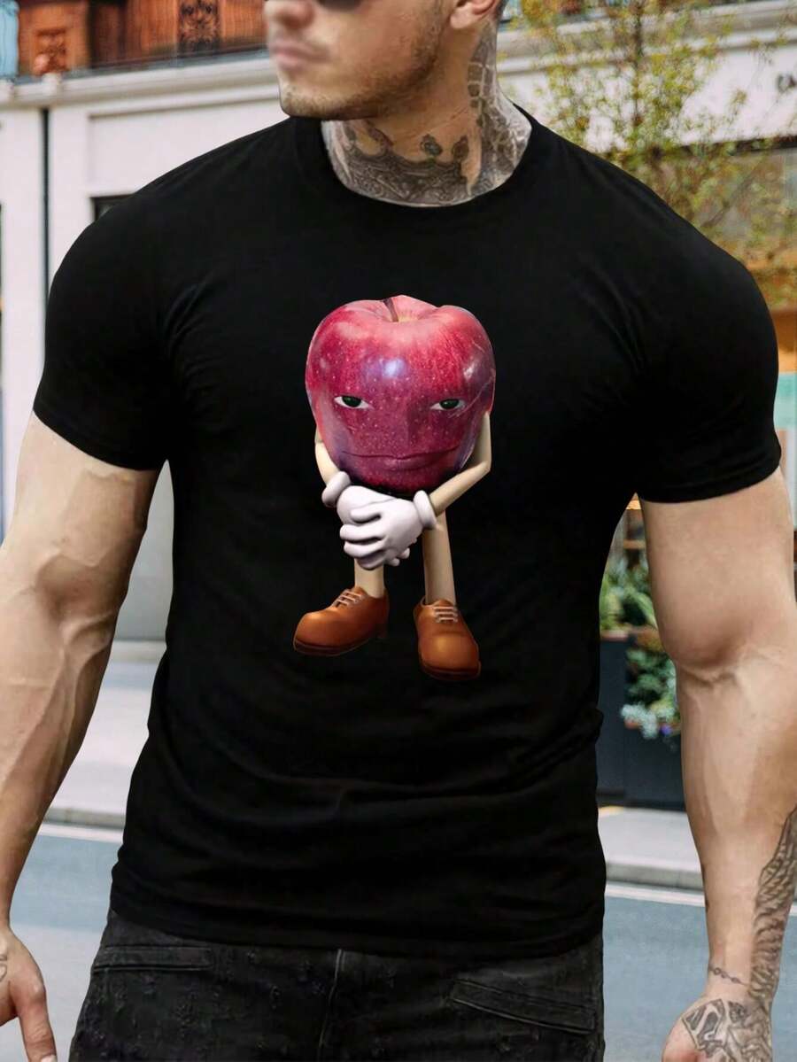 Camiseta gráfica divertida con personaje de manzana | Camiseta informal de dibujos animados de fruta peculiar para hombre y mujer | Diseño único, camiseta de declaración | Algodón suave - Negro - Ver 1