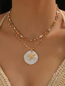 2 Pieces Set Summer Colorful Butterfly Crystal & Pearl Beaded Metal Seashell & Starfish Necklace, Double Layer Handmade Chain Adjustable Length Necklace, Suitable For Daily Wear, Dating And Photo Shoot. Natural Seashell Colors And Patterns Are Random. - Gold - View 1