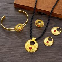 Set de 4 piezas de joyería clásica geométrica para mujer: collar, aretes, anillo, brazalete. Regalo de joyería de boda de lujo africana y de Dubai