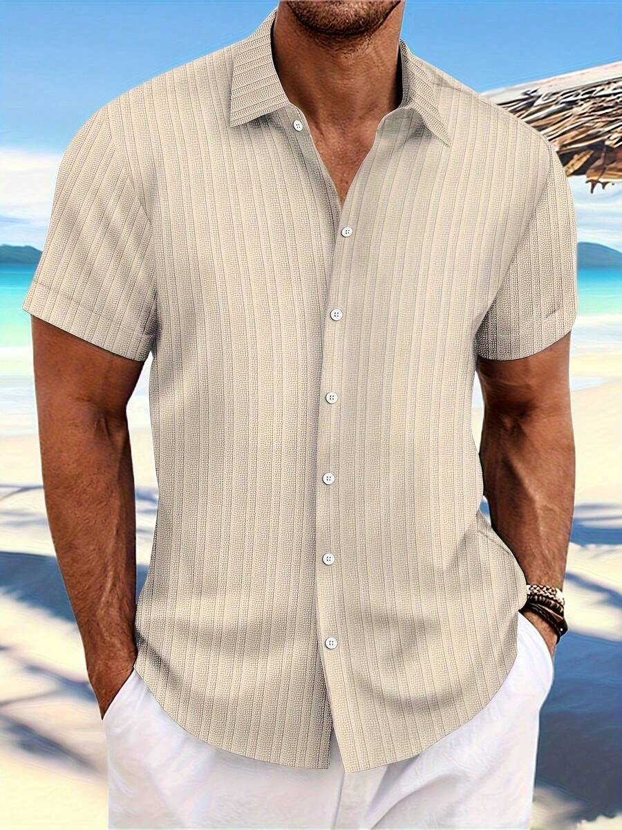 Men's Striped Shirt With Chest Pocket, Casual Short Sleeve Button Down Collar Shirt For Summer Outdoor Activities - Xem 1