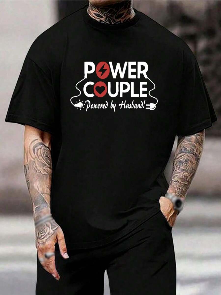 Camisetas a juego divertidas para parejas - Camisetas de él y de ella, con energía de marido y mujer, regalo del Día de San Valentín, conjuntos para aniversario, camisetas de algodón negro para parejas - Negro - Ver 1