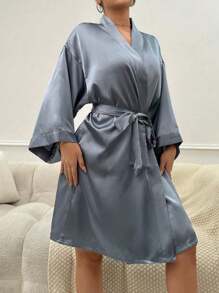 1pc Elegant Women Thin Solid Robe, Sexy Short Tie Waist Sleepwear, Silk Comfortable Loungewear Back To School