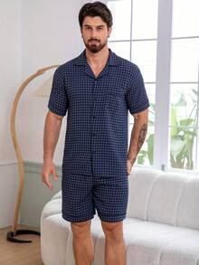 2Psc Man's Knitwear Pajamas,  Short-Sleeved Top And Shorts |  Christmas Pajamas Men - Màu xanh hải quân - Xem 5