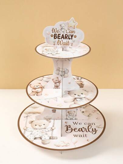 1Pc 3-Tiers Brown Bear Cupcake Cake Stand, 'We Can Bearly Wait' Theme Cupcake Holder,Cupcake Tower,Cake Dessert Display,Party Table Centerpiece,Gender Reveal Party Decor,Wedding Decor,Wedding Items,Bridal Shower Favors,Birthday Decorations,Babyshower Decorations,Party Decorations