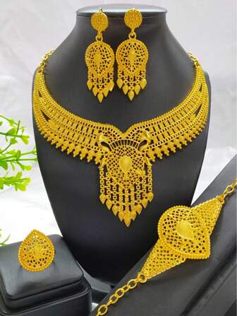 1-Set Women Fashion Gold Plated Jewelry Set Including 1pc Necklace, 1 Pair Earrings, 1pc Bracelet, 1pc Ring, Suitable For European And American, Middle Eastern, Dubai, African Bride, Wedding, Party, Date, Dress Accessories, Valentine's Day, Holiday Gift