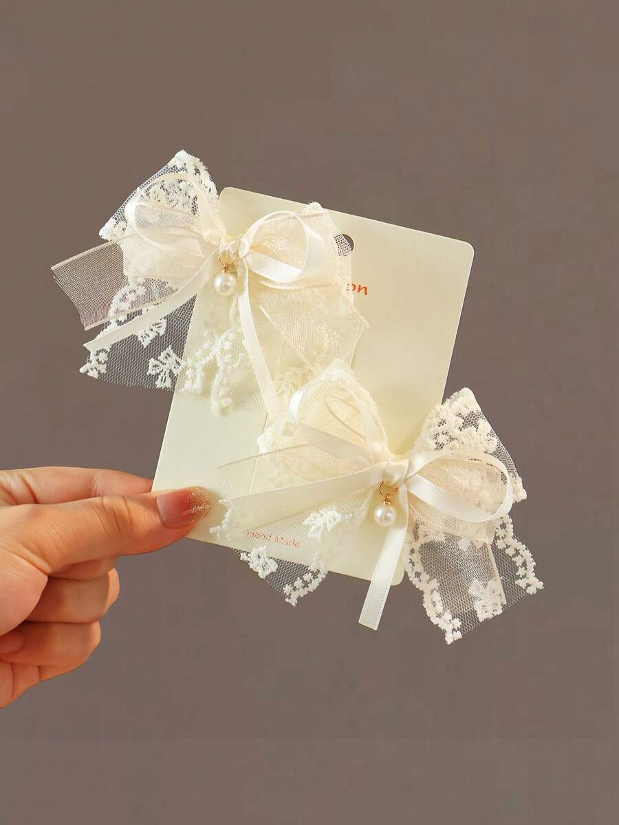 2 件网状蕾丝珍珠蝴蝶结夹，多功能日常配饰，春夏季 - 米色 - 查看 1