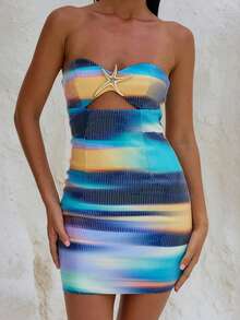 Women Sequin Tube Top Dress Slim Metal Starfish Cut Out Off Shoulder Sleeveless Open Back Mini Bodycon Dress - 彩色 - 查看 1