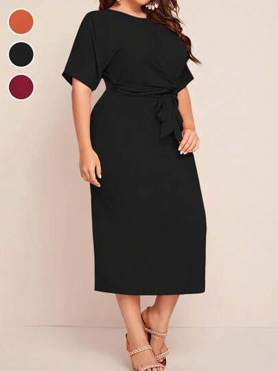 Fashionable Crew Neck Bowknot Tie Waist Plus Size Short Sleeve Dress