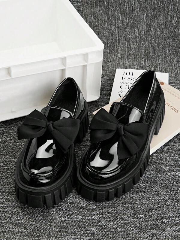 DareSee 2025 New Round Toe Bow Non-Slip Thick Bottom Mid-Heel Loafers, Women British Style Slip On Casual Shoes New MusicFest Y2KFest Back To School Autumn