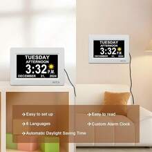 Nuevo reloj despertador digital con calendario - Relojes para personas con demencia, discapacidad visual, ancianos y problemas de memoria, reloj no abreviado con fecha y día (7 pulgadas) - 7" Blanco - Ver 6
