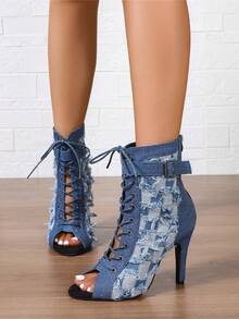Botas de tacón alto de punta abierta azules para mujer, estilo británico casual, con suela de goma suave, diseño de cordones, cierre de cremallera trasera, elegantes sandalias de tacón alto de verano para exteriores, con textura de agrietado gótico y sexy, aptas para fiesta, exterior, gimnasio, vacaciones y todas las estaciones. - Azul - Ver 2