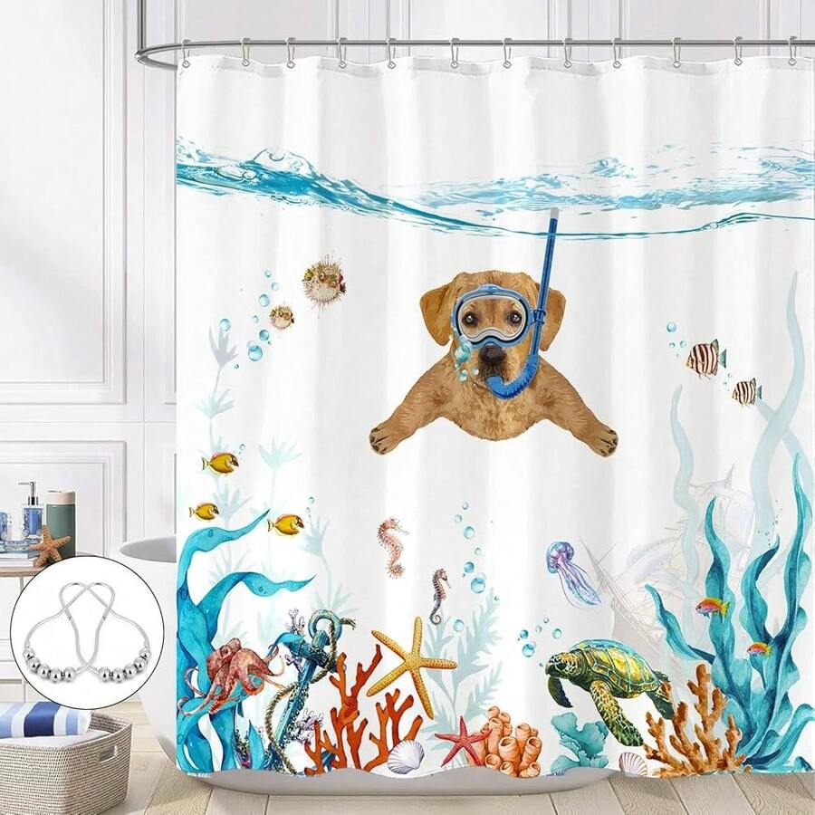 New Fowocu Funny Dog Shower Curtain Teal Blue Sea Ocean Waterproof Fabric Shower Curtains For Bathroom Animal Octopus Starfish Turtle Anchor Fish Nautical Bath Curtain Dr (72''*72'') - 橘色1 72 英吋寬 x 72 英吋長(1 包) - 查看 1