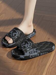 Dép đi trong nhà unisex, dép mềm mại in hình gấu hoạt hình XV, thích hợp cho mùa hè, màu đen/trắng, cỡ lớn 46-49. - màu đen - Xem 2