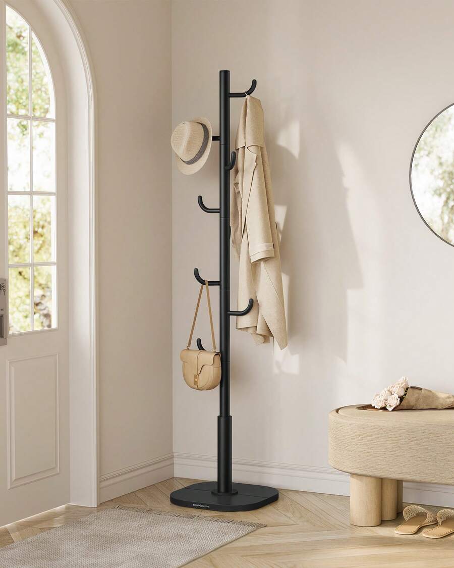 Standing Coat Rack, Solid Wood Coat Rack, Tree-Shaped Coat Rack With 8 Hooks, 3 Height Options, For Clothes, Hats, Bags, For Living Room, Bedroom, Home Office, Black - Black - View 1