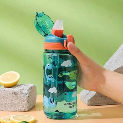 1 pieza Botella de agua de 600ml con diseño de dibujos animados, tapa hermética linda y tapa saltarina, de plástico, adecuada para camping al aire libre y deportes, botellas de agua de plástico portátiles para niños y adultos