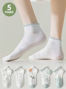 1-5 Pairs Women's Flower Print Romantic Pastoral Boat Socks, Short Daily Casual Fashion Versatile Sports Socks