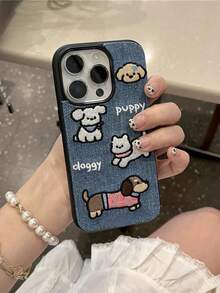 1pc Denim Embroidered Dog Graphics Full Protective Shock Proof Phone Case Compatible With Apple Phones Waterproof Anti-Fall Scratch Resistant - Brown - View 2