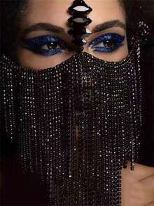 时尚奢华多层流苏水钻黑色面具华丽化妆球女士闪亮配饰万圣节