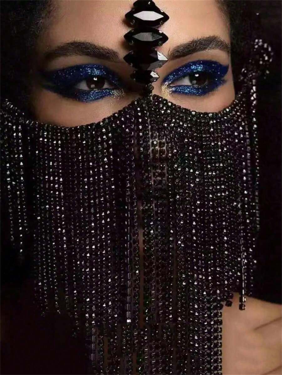 时尚奢华多层流苏水钻黑色面具华丽化妆球女士闪亮配饰万圣节