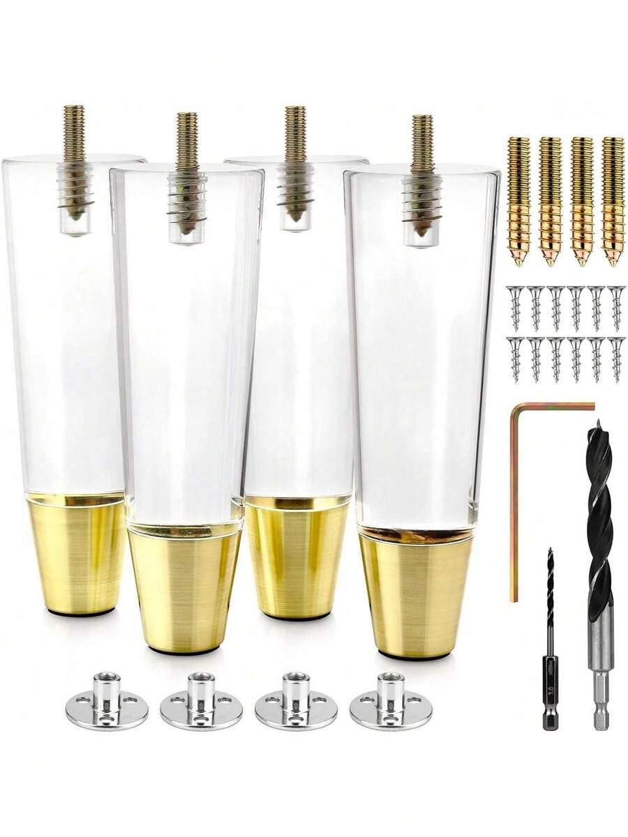 Acrylic Furniture Legs With Gold Caps - Mid Century Legs For Couch, Sofa, Chair, Table, Dresser, Bed, Cabinet - Furniture Feet Are Easy To Install & Include Installation Hardware - Set Of 4, 6 Inches - 6 Inches - View 1