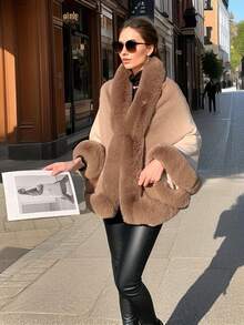 1 chiếc áo choàng Poncho dệt kim Acrylic giả cổ lông chồn màu trơn, phong cách cổ điển thanh lịch phù hợp với váy sườn xám hoặc váy dạ hội, áo khoác cardigan dệt kim ngắn cho mùa thu/đông - Nhiều màu - Xem 9