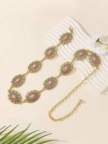Vintage Middle Eastern Style Oval Floral Pattern Faux Silver Waist Chain, Versatile Metal Waist Belt, Decoration For Dresses & Pants - Gold Pink Gemstone - View 2