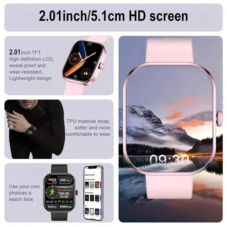 Nuevo reloj inteligente de silicona con pantalla táctil Full Touch de 2.01 pulgadas, rastreador de fitness deportivo unisex con talla grande de 100 modos de entrenamiento, llamadas inalámbricas, cámara remota, control de música, reloj y clima - excelente regalo para hombres, mujeres, amigos, parejas y familia - Negro - Añade 8