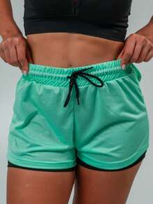 Women's Double Gym Shorts With Internal Cell Phone Pocket, Towel/T-Shirt Holder, Dryfit Perforated Fabric - 綠色 - 查看 2