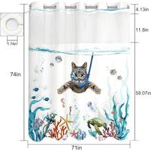 New Fowocu No Hook Shower Curtain  Snap In Liner Funny Cat Nautical Shower Curtains For Bathroom Teal Blue Sea Ocean Octopus Starfish Turtle Anchor Fish Waterproof Fabric Bath Curtain Dr 71*74In - 藍色2 71吋寬 x 74吋長(1包) - 查看 7