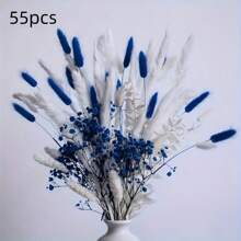 55pcs Classic Artificial Blue Lagurus Tail Grass Bouquet, White Vines Pampas Grass For Wedding, Birthday, Party, Christmas, Thanksgiving Home Decor, Living Room, Office, Farmhouse, Tabletop Flower Arrangement, Holiday Theme Decoration,Fall Decor,Autumn