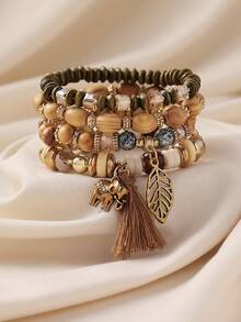 4 件套波西米亚复古串珠叶流苏吊坠多层手链，适合女士休闲、沙滩、度假穿着 - 彩色 - 查看 12