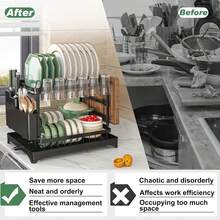 Three-In-One Dish Rack, Chopstick Holder And Chopping Board Rack, Retractable Storage Under The Counter, No Need To Drill Holes, Retractable Draining Storage Rack, Anti-Rust And Anti-Mold Countertop Storage Tool - Lớp kép màu đen - Xem 5