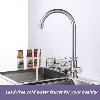 Stainless Steel Kitchen Faucet - Single Cold, Swivel, Suitable For Bathroom Sink And Balcony, With 1/2" Water Supply Hose