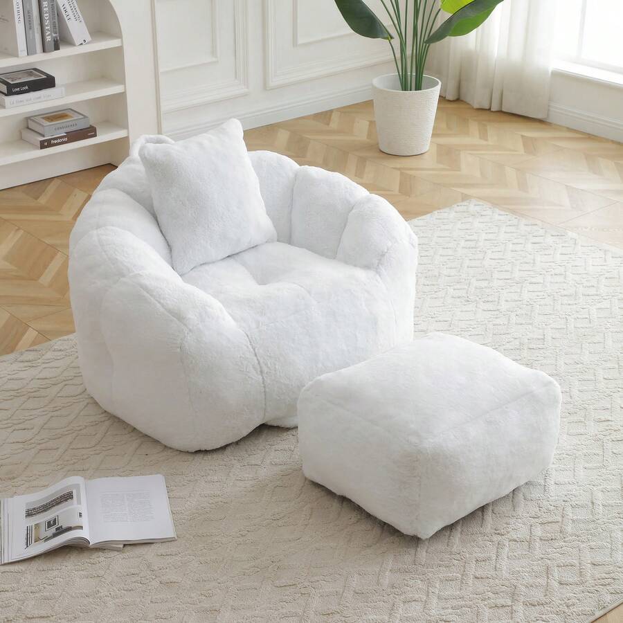 Giant Bean Bag Chair With Footstool,Living Room Decoration Lazy Sofa - Oversized High Back Corduroy Bean Bag Couch,Floor Sofa For Living Room, Home Theater, Play Zone - & Non-Slip Base,Very Suitable For Bedrooms, Living Rooms, Game Rooms, Study Rooms, Offices, Or Apartments. - B-White (Ghế lười có chỗ để chân) - Xem 1