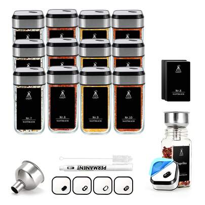 SAEIV 12 fyrkantiga kryddburkar, 120 ml kryddburkset (med shakerinsats), kryddshaker med vridlock - stark förslutning, kryddförvaringslåda i rostfritt stål (med tratt, etikett och penna)