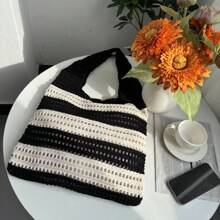 1 New Luxury Crocheted Tote Bag For Women, Open Weave Black & White Striped Contrasting Color Large Capacity Foldable Beach Bag, Suitable For Summer Beach Travel And Single's Party Gifts