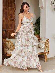[Random Floral Design] Women Spaghetti Strap Backless Digital Watercolor Floral Print Chiffon Layered Ruffle Elegant A-Line Dress - White - View 7