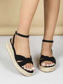 Giày sandal đế xuồng thời trang cho nữ, giày đế xuồng đế xuồng giả da lộn gợi cảm, quai chéo, đế xuồng đế bằng, màu trơn, phong cách ngoài trời mùa hè, giày sandal hở mũi và gót màu đen vừa vặn - màu đen - Xem 4