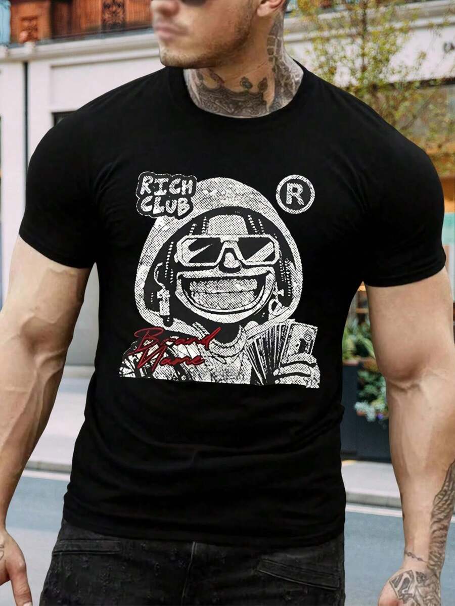 Camiseta gráfica del Club de los Hombres Ricos - Ropa urbana Hip Hop a la moda - Camiseta unisex de cuello redondo - Diseño con estampado de dinero - Mezcla de algodón cómoda - Negro - Comprar ahora - Negro - Ver 1