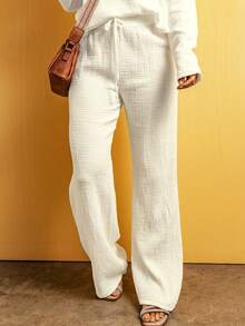 女式夏季纹理抽绳高腰休闲裤 - 米色 - 查看 5