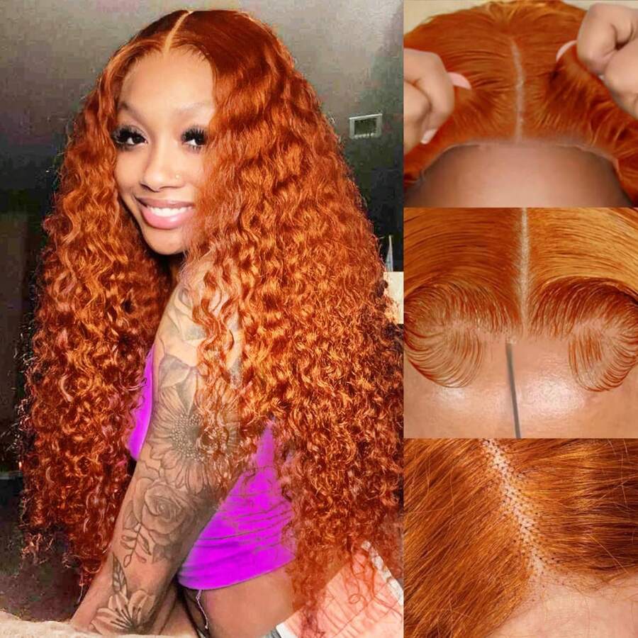 Dainaer hair Pelucas frontales de encaje de color naranja jengibre con ondas profundas de 13 x 6, cabello humano HD transparente, peluca de cabello humano de 350 colores prearrancada con una densidad del 180 %