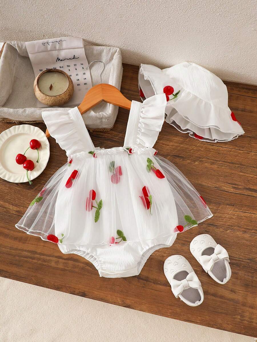 Baby Girls' Cute Cherry Printed Bodysuit With Hat Cap Sleeve, Mesh Decor, Suitable For Spring/Summer Outdoor - White - View 1